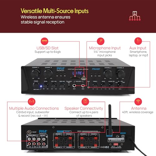 Pyle 4-Channel Audio Amplifier with Bluetooth - Home Stereo Receiver w/ 500W Max Power - Commercial or Karaoke - Dual Mic Input with Echo, Vol, Talk-Over - AUX In - Sub Out - USB-A MP3 Player, AM/FM