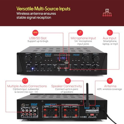 Pyle 4-Channel Audio Amplifier with Bluetooth - Home Stereo Receiver w/ 500W Max Power - Commercial or Karaoke - Dual Mic Input with Echo, Vol, Talk-Over - AUX In - Sub Out - USB-A MP3 Player, AM/FM