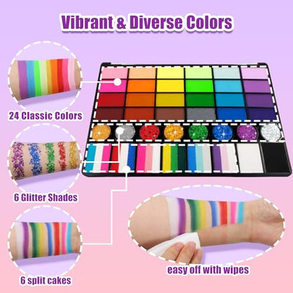 Face Painting Kit for kids, 52 Colors Professional Face Paint Makeup Kit Non-Toxic Water Activated Facepaint Palette, glitter gel, brushes, sponges, stencils for party Halloween School Event Festivals