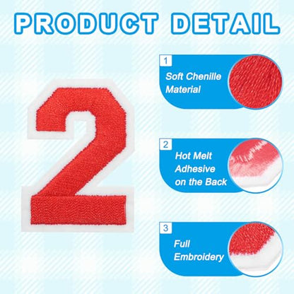 MECCANIXITY Iron on Number Patches 2" Number 2 Iron on Embroidered Patch Sew on Letter Stickers Applique for Repairing Clothing Jeans Shoes Hats DIY(Red, Pack of 9) - style: Number 2