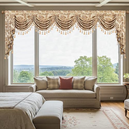 Leeva 138" Extra Wide Waterfall Valance, Buttercream Damask with Beaded Tassels, Luxury Swag Curtains for Mansions & Villa Window Treatments - color: *Beige, size: 138"W x 45"L (Pack of 1)