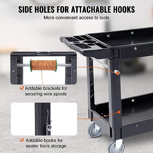VEVOR Utility Service Cart, 2 Shelf 550LBS Heavy Duty Plastic Rolling Utility Cart, Medium Lipped Shelf, 360° Swivel Wheels, Ergonomic Storage Handle for Warehouse Garage, Black | Heavy Duty Rolling Cart with 360° Swivel Wheels, Medium Lipped Shelf, Ergon