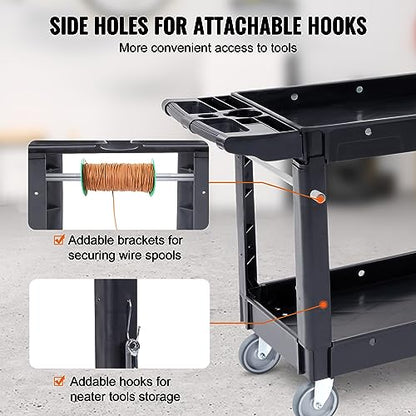 VEVOR Utility Service Cart, 2 Shelf 550LBS Heavy Duty Plastic Rolling Utility Cart, Medium Lipped Shelf, 360° Swivel Wheels, Ergonomic Storage Handle for Warehouse Garage, Black | Heavy Duty Rolling Cart with 360° Swivel Wheels, Medium Lipped Shelf, Ergon