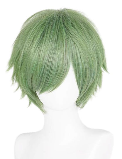 LABEAUTÉ Short Gray Green Anime Cosplay Wig Male Men Anime Layered Unisex Heat Resistant Hair Wig with Bangs for Party and Halloween for Gift + Free Cap - color: Gray Green F41