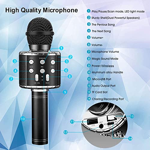 BlueFire 4 in 1 Karaoke Wireless Microphone with LED Lights, Portable Microphone for Kids, Great Gifts Toys for Kids, Girls, Boys and Adults (Black) - color: Black