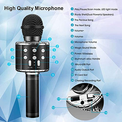 BlueFire 4 in 1 Karaoke Wireless Microphone with LED Lights, Portable Microphone for Kids, Great Gifts Toys for Kids, Girls, Boys and Adults (Black) - color: Black
