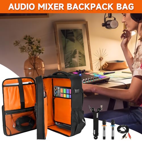Audio Mixer Travel Case Fits for RODECaster Pro II,RODECaster Pro,RC Duo,Yamaha MG10XU,TC-Helicon GoXLR,Podcast DJ Mixer Backpack Bag with Multi-Pockets for Microphones,Cables,Podcast Equipment