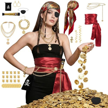 38PCS Pirate Accessories for Women - Captain Costume Set with Telescope, Gold Coins, Jewelry, Sash, Bandana & Eye Patch - Complete Halloween Cosplay Dress Up Kit for Ladies