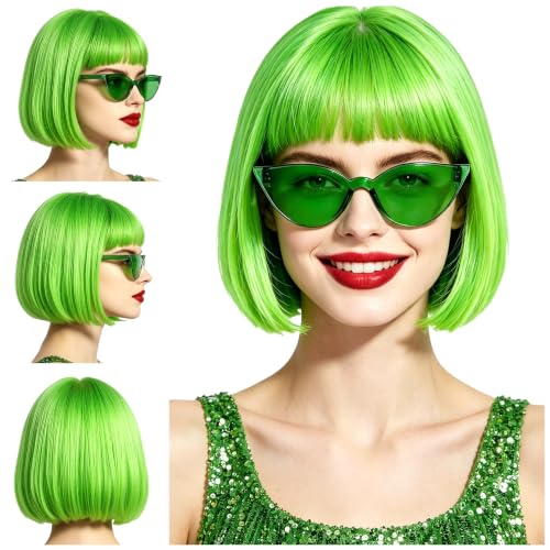 Short Bob Straight Hair Wigs with Bangs, Synthetic Fiber Colorful Hair, Cat Eye Glasses for Women (Light Green) - color: Light Green