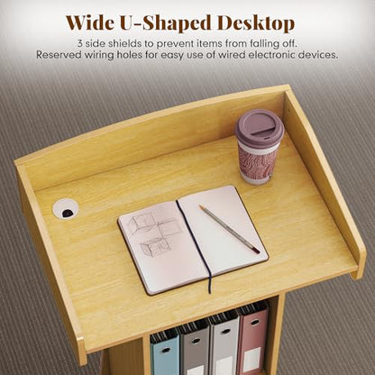 Podium Stand with Metal Wheels Wooden Lectern Podium Stand Portable Pulpit Standing with Storage Mobile Reception Podiums Desk for Church Office School Conference Restaurant Meeting,Oak - color: Wood