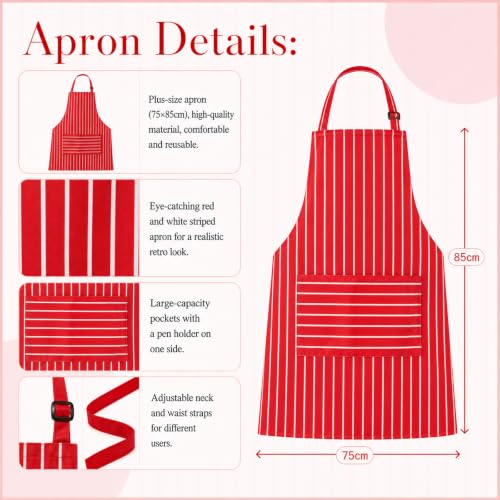 Adult 1950s Waiter Costume Kit for Men Women | Movie Night Worker Costume Set with Red & White Striped Apron Hat Bow Tie Polka-dot Scarf for Halloween 1950s Party Cosplay - color: Red - Men 5pcs