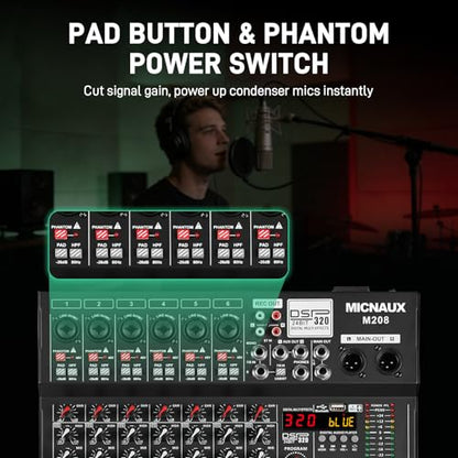 Audio Mixer 8 Channel Professional Sound Console Music Mixer with 320 DSP Effects, 7-band EQ DJ Mixing Board w/USB, Bluetooth, 48V Power Supply, PAD Button for Recording Karaoke PA Drum Live - size: 8 Channel - 13.3in