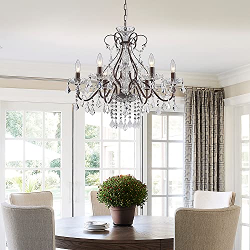 Saint Mossi 6 Light Crystal Chandelier Light Fixture Modern Chandelier Crystal Lighting, Crystal Pendant Raindrop Chandelier for Dining Room,Bedroom,Living Room,H23 x D24, 6-Light - color: Dark Brown
