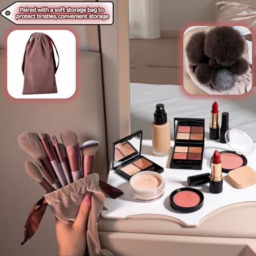 Makeup Brush Set, 13 Piece Professional Cosmetic Brushes with Pouch, Synthetic Bristles, Hypoallergenic for Face and Eye Application, Face & Eye Brush Set for Beginners to Pros (Brown) - color: Brown
