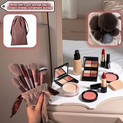 Makeup Brush Set, 13 Piece Professional Cosmetic Brushes with Pouch, Synthetic Bristles, Hypoallergenic for Face and Eye Application, Face & Eye Brush Set for Beginners to Pros (Brown) - color: Brown