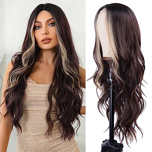 Aida ble Long Wavy Brown with Blonde Highlight Wig for Women 26Inch | Natural Looking Synthetic Hair,Suitable for Daily Wear,Party,Halloween and Cosplay,Beginner-friendly,Lightweight and soft - color: Brown mix Blonde