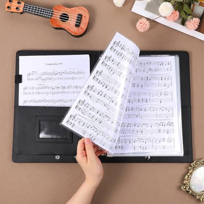 Choral Sheet Music Folder Organiser 3 Ring Black Choir Binder with Hand Strap PU Piano Music Sheet Holder Storage with Plastic Sleeves Fits Letter Size 8.5 x 11 Inch for Guitar, Orchestra, Band