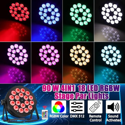 LED Par Lights DMX,90W RGBW 4IN1 LED Stage Par Lights Stage DJ Par Can Light Sound Activated Auto Play by Remote&DMX Control for Events Wedding Party DJ Stage Live Show 2 Pack