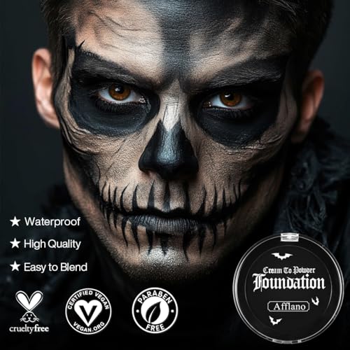 Black Face Body Paint Cream to Powder Foundation Makeup, Gothic Black Facepaint Halloween Makeup for Kids & Adults, Pro Body Paint for Cosplay, SFX, Emo, Clown, Zombie, Vampire, Theater, Film,Skeleton - color: Black