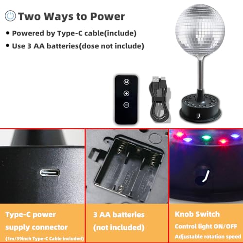 Remote Control 6 Inch Rotating Mirrors Disco Ball Light with 5RPM-9RPM Adjustable Rotary Motor 24 RGB LED Mood Lights Great for Home Party Dance Holiday Christmas Decoration（USB/Battery Powered）