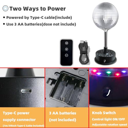 Remote Control 6 Inch Rotating Mirrors Disco Ball Light with 5RPM-9RPM Adjustable Rotary Motor 24 RGB LED Mood Lights Great for Home Party Dance Holiday Christmas Decoration（USB/Battery Powered）