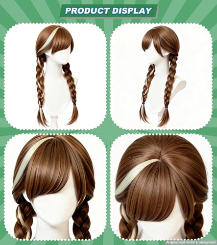 Brown Twin Ponytail Princess Wig, Long Braided Cosplay Wig Set | Adjustable cap included, synthetic brown braided wig for Halloween, parties, festivals, cosplay, and costume dress-up - color: Brown