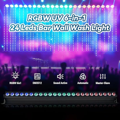 24 LED Stage Lights Bar 120W Professional Wall Wash Lights RGBW UV 6in1 DMX Light 12/50 CH 8-Zone Linear Fixture with 58 Auto Modes, Strobe & Sound Active for Party Club Disco Events Wedding Church - style: 6-in-1 LED