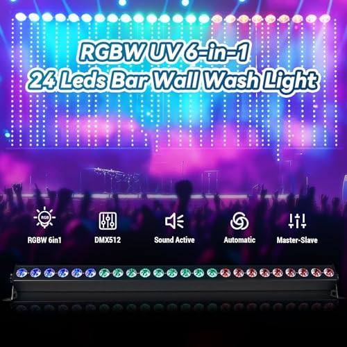 24 LED Stage Lights Bar 120W Professional Wall Wash Lights RGBW UV 6in1 DMX Light 12/50 CH 8-Zone Linear Fixture with 58 Auto Modes, Strobe & Sound Active for Party Club Disco Events Wedding Church - style: 6-in-1 LED