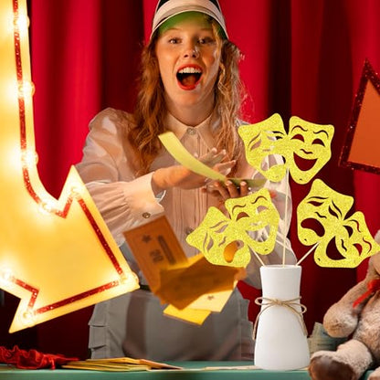 Theatrical Mask Centerpiece Sticks 12PCS Comedy Movie Night Theme Party Decorations Glitter Gold Tragedy Mask Table Toppers for Drama Film Festival Birthday Party Supplies