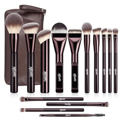 14 PCS Professional Makeup Brushes Set with Travel Cosmetic Bag（Brown） | Luxe Soft Synthetic Face & Eye Makeup Brush Kit for Foundation, Powder, Blush, Concealer, Eyeshadow, Contour, Eyebrow - color: 14PCS-0-Brown