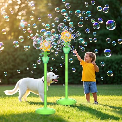 Palksky Bubble Machine for Kids Toddlers, 2PCS Flower Bubble Maker with Lights for Parties, Rechargeable Automatic Bubbles Blower Machine for Outdoor Wedding Birthday Party - style: Yellow Flower Stand Bubble Machine 2PCS