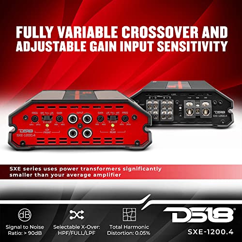 DS18 SXE-1200.4/BK Car Amplifier Stereo Full-Range Class A/B 4-Channel 60x4 RMS @4 OHM 1200 Watts - Powerful and Compact Amp for Speakers in Car Audio System - style: SXE-1200.4/BK
