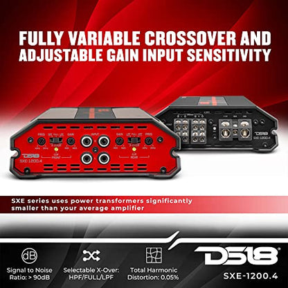 DS18 SXE-1200.4/BK Car Amplifier Stereo Full-Range Class A/B 4-Channel 60x4 RMS @4 OHM 1200 Watts - Powerful and Compact Amp for Speakers in Car Audio System - style: SXE-1200.4/BK