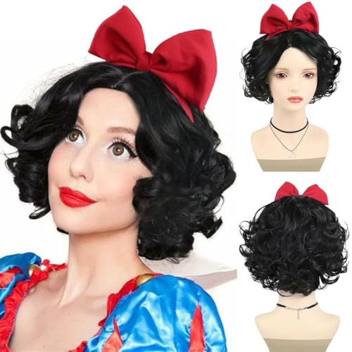 1930s Short Black Curly Flapper Wigs for Women Costume (with Red Bowknot) | Anime Cosplay Natural Hair Synthetic Hair Halloween Betty Costume Dress Up Drag Queen Flapper Wig (with Red Bowknot) - color: Black