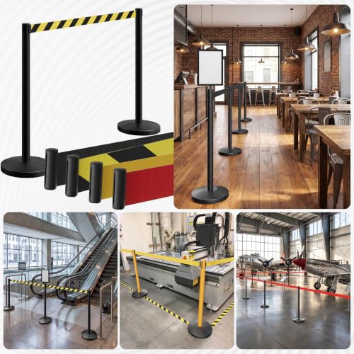 8-Pack Black Stainless Steel Crowd Control Stanchions, 9.8 ft Retractable Black and Yellow Stripe Safety Belts with 2 Sign Holders(Black and Yellow Stripe Belt) - color: Black stanchions w Black and Yellow Stripe Belt, size: 8 pcs