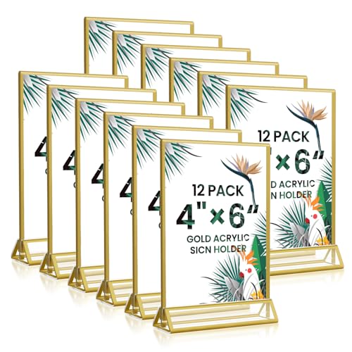 4x6 Gold Acrylic Sign Holder, 12 Pack Wedding Table Number Holder Stands with Vertical Gold Borders, Double Sided Picture Frame Paper Stand, Clear Photo Display Menu Holder for Party, Home, Restaurant - color: Vertical-12 Pack-4 x 6