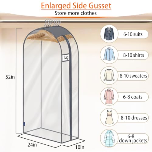 52" Clear Garment Bags for Hanging Clothes 10" Side Gusset, Suit Bags for Closet Storage, Suit Cover for Shirts Coats Dresses (24"X52"X10" 3Pack) - size: 52" 3pack