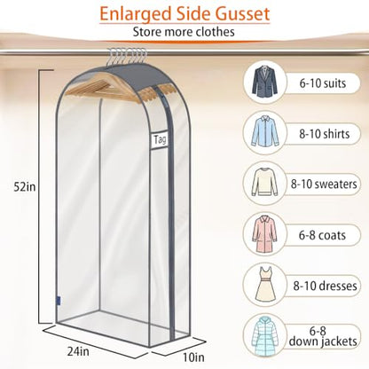 52" Clear Garment Bags for Hanging Clothes 10" Side Gusset, Suit Bags for Closet Storage, Suit Cover for Shirts Coats Dresses (24"X52"X10" 3Pack) - size: 52" 3pack