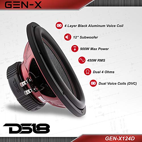 DS18 GEN-X124D Subwoofer in Black - 4 Layer Black Aluminum Voice Coil, 12", 900W Max Power, 450W RMS, Dual 4 Ohms - Powerful Car Audio Bass Speaker (1 Speaker) - style: 12-Inch