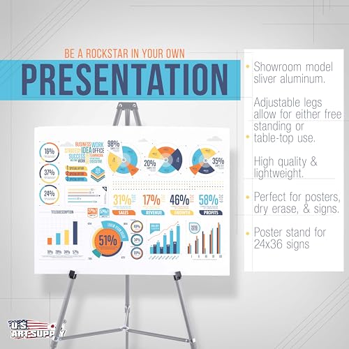 U.S. Art Supply 66" High Gallery Silver Metal Display Easel, Large | Adjustable Height Aluminum Portable Easel Stand, Sign Display, Holds 25 lbs - Floor & Tabletop Easels, Painting Stand