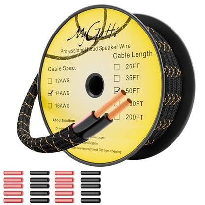 14/2 Speaker Wire 50 Feet, 14AWG Gauge Speaker Cable, Direct Burial, Durable Nylon Braided, in Wall, 2 Conductors, OFC Oxygen-Free Copper, for Car Audio Stereos, Home Theater, Surround Sound, Radio - size: 50 Feet, style: 14AWG