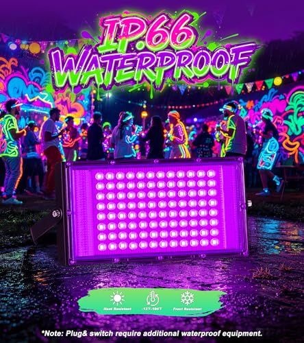 TigQiang 100W 4 Pack Black Light, Glow Party Supplies, Blacklight Halloween | IP66 Waterproof, Blacklights Flood Light for Neon Parties, Body Paint, Birthday, Fluorescent Poster, 6Ft Cord & Plug & Switch - size: 100W-4Pack