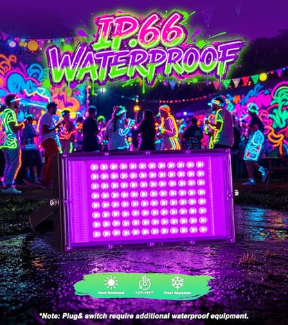 TigQiang 100W 4 Pack Black Light, Glow Party Supplies, Blacklight Halloween | IP66 Waterproof, Blacklights Flood Light for Neon Parties, Body Paint, Birthday, Fluorescent Poster, 6Ft Cord & Plug & Switch - size: 100W-4Pack