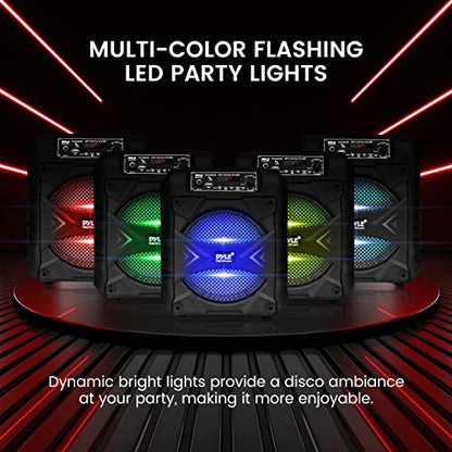Pyle Portable Bluetooth PA Speaker System, 300W Rechargeable Outdoor Bluetooth Speaker Portable PA System w/ 8” Subwoofer, AUX, Microphone in, Party Lights, MP3/USB, Radio, Remote