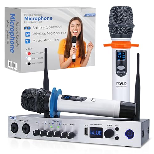 Pyle, UHF Wireless Microphone System, Portable Digital Audio Mixer, Bluetooth, Two Handheld Mics, Receiver Base, White, Adjustable Volume, Complete Set, Dual Channel, Home Karaoke, Professional Use - color: white