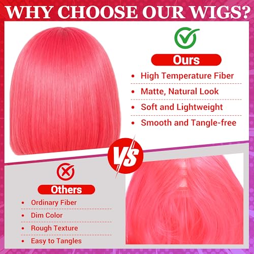 Short Bob Straight Hair Wigs with Bangs, Heat Resistant Fiber Hair, Heart-shaped Glasses for Women (Hot Pink) - color: Hot Pink