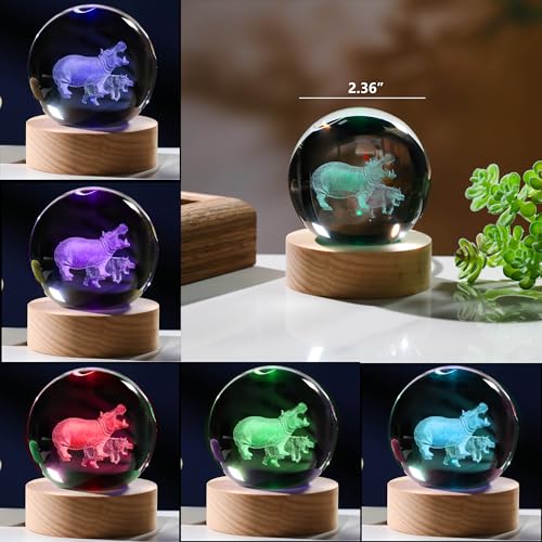 3D Hippopotamus Gifts for Women Crystals Ball 60mm - Hippopotamus Figurines Decor Glass Animals Figurine Hippo Gifts Stuff for Room Birthday for Best Friend Lovers Keepsake Paperweight - style: Hippo