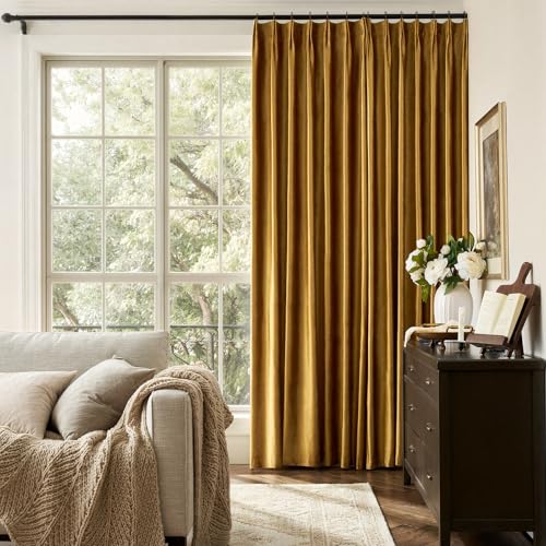 Gold Velvet Pinch Pleated Curtains: Luxury Living Room 108 Inches Long 2 Panels Set Darkening Thermal Insulated Drapes with Hooks- Elegant Soundproof Noise Reducing Back Tab Window Curtain for Bedroom - color: Pinch Pleated | Gold, size: 40"W x 108"L (Pac