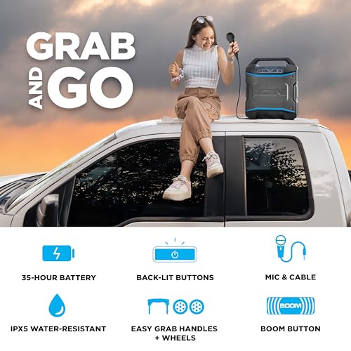 ION Block Rocker 120W Bluetooth Outdoor Speaker with Wheels | Water Resistant, Radio, Karaoke Mic, USB Charging, Stereo Linking, Bass Boost and App Control, for Parties and Outdoor Events - style: 120W water-resistant