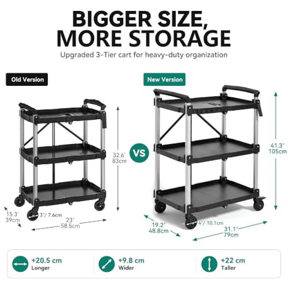 YITAHOME 3-Tier Large Folding Utility Cart w/Wheels(2 Brakes), 300lbs - size: 300 LBS with 31.1"L x 19.2"W x 41.3"H